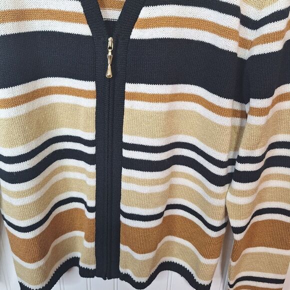 Dylani Knitwear Womens Zip Front Cardigan L ?? Stripe Long Sleeve Black Gold VTG - Picture 4 of 7